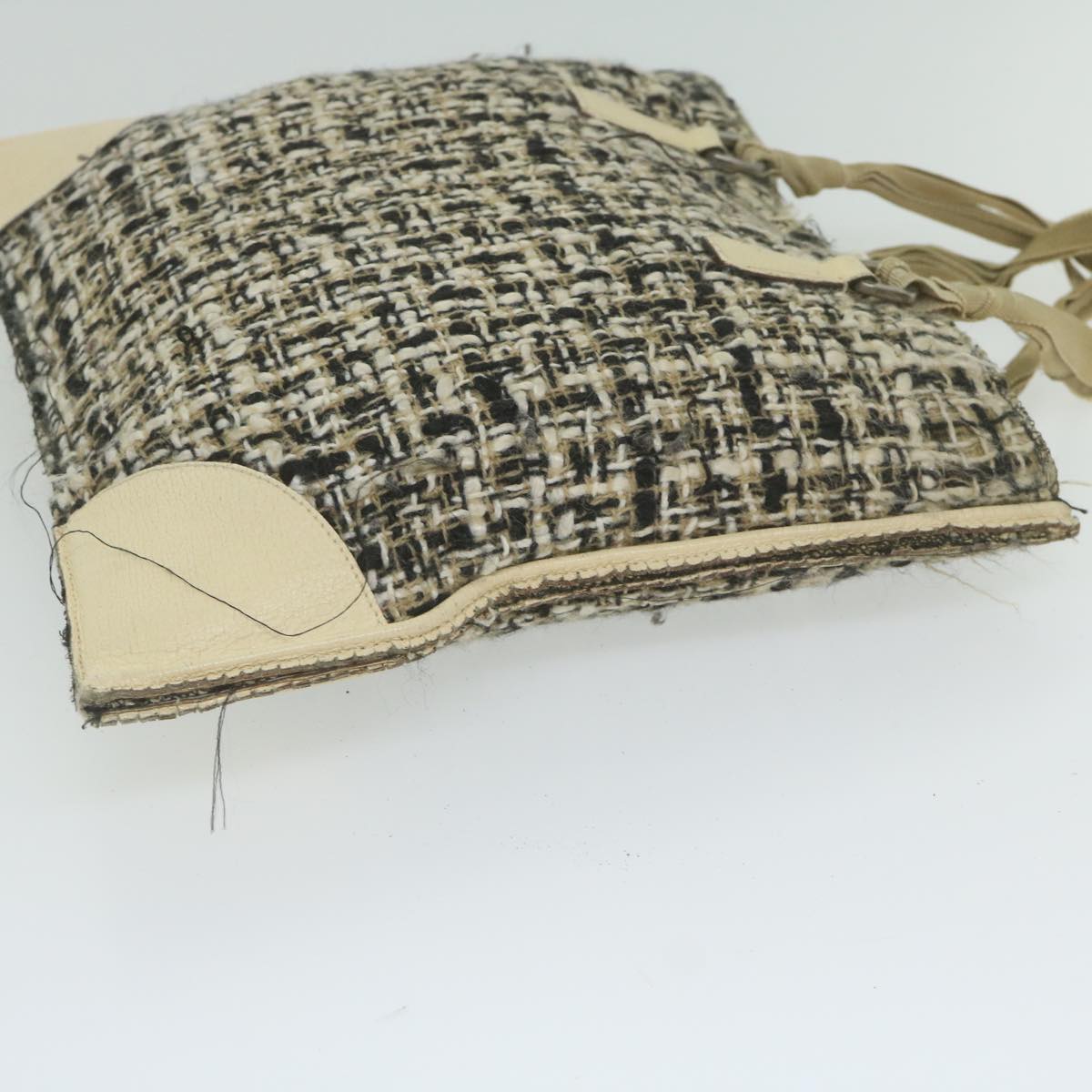 PRADA Hand Bag Tweed Beige Black 61437