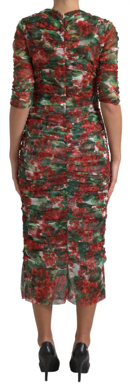 Dolce & Gabbana Red Floral Print Tulle Sheath Midi Women's Dress ()