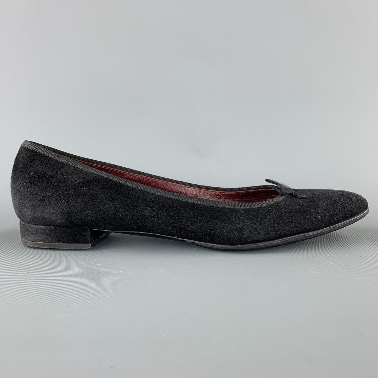 PRADA Size 10.5 Black Suede Pointed Bow Flats