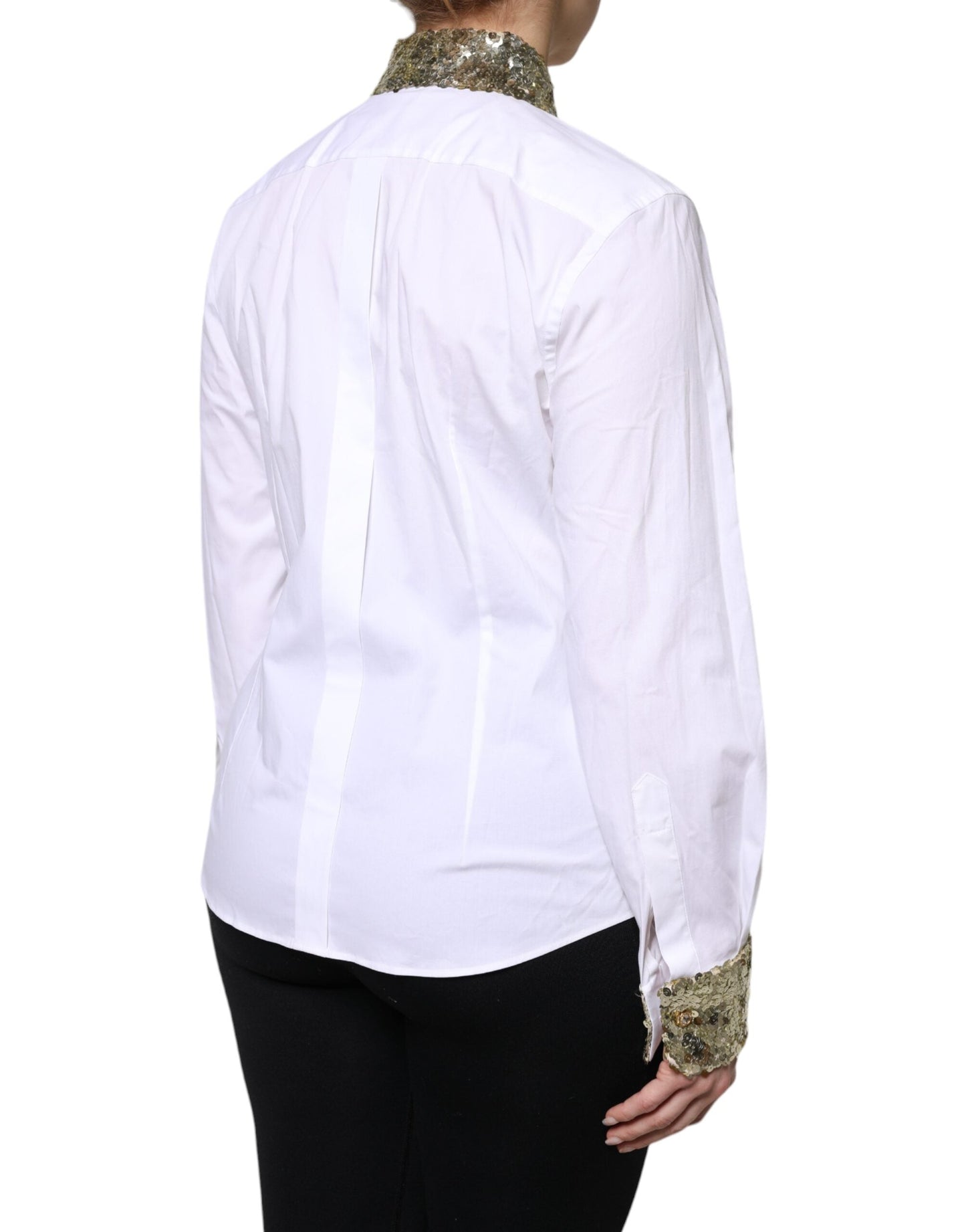 Dolce & Gabbana White Cotton Long Sleeves Sequin Shirt Women's Top