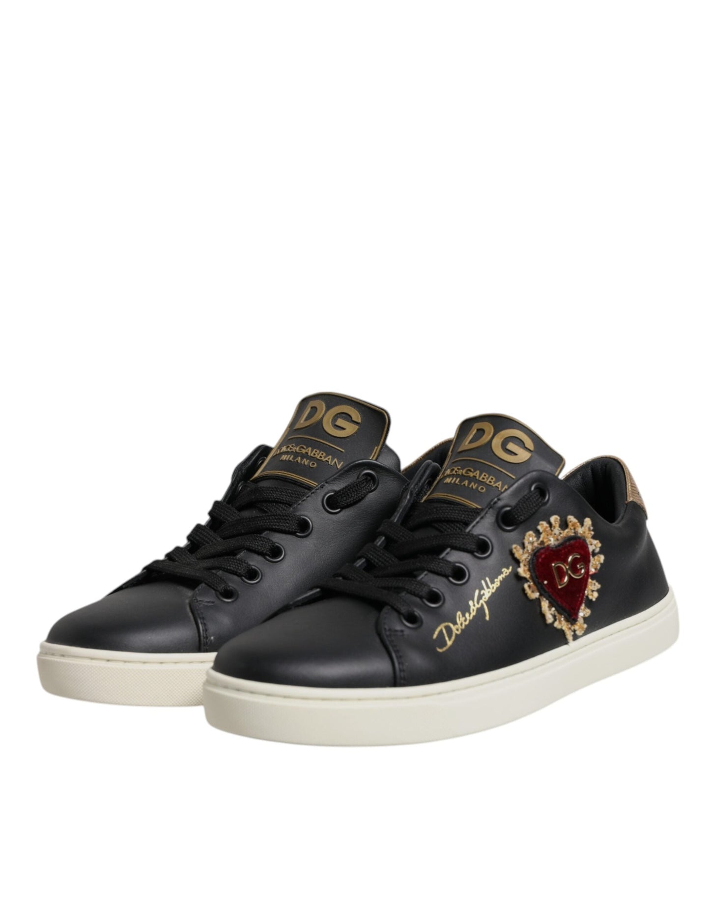 Dolce & Gabbana Black Leather Gold Red Heart Sneakers Women's Shoes