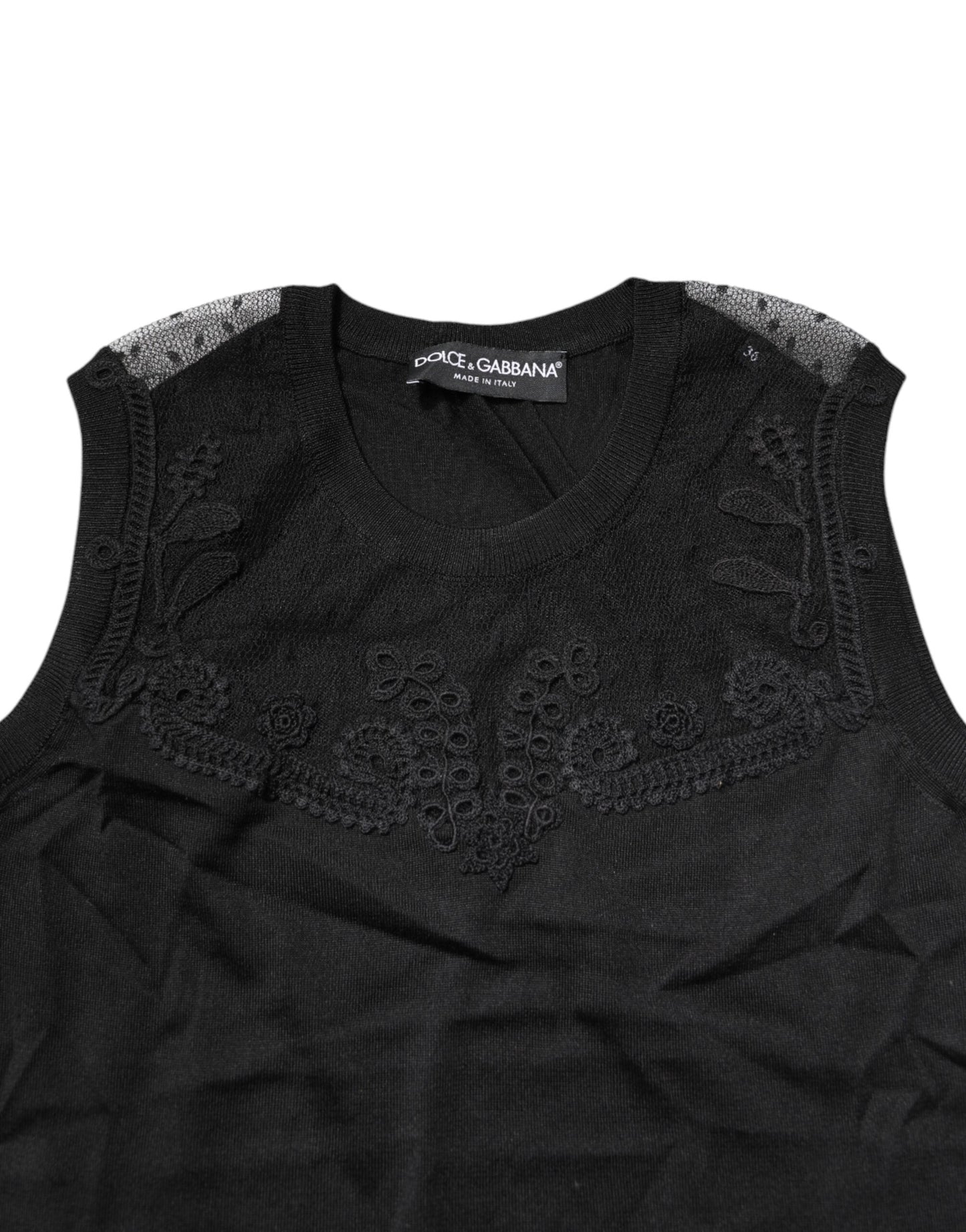 Dolce & Gabbana Black Lace Sheer Crew Neck Sleeveless Women's Top ()