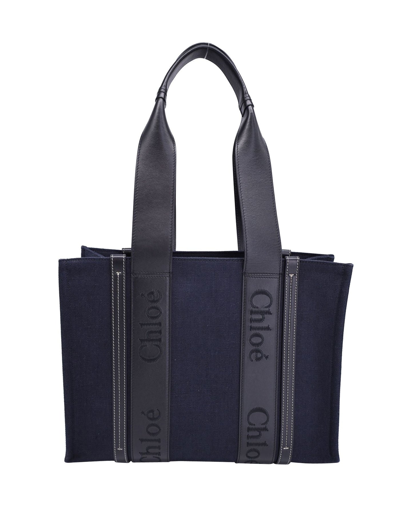 Chloe Medium Woody Tote in Blue Canvas and Black Calfskin Leather