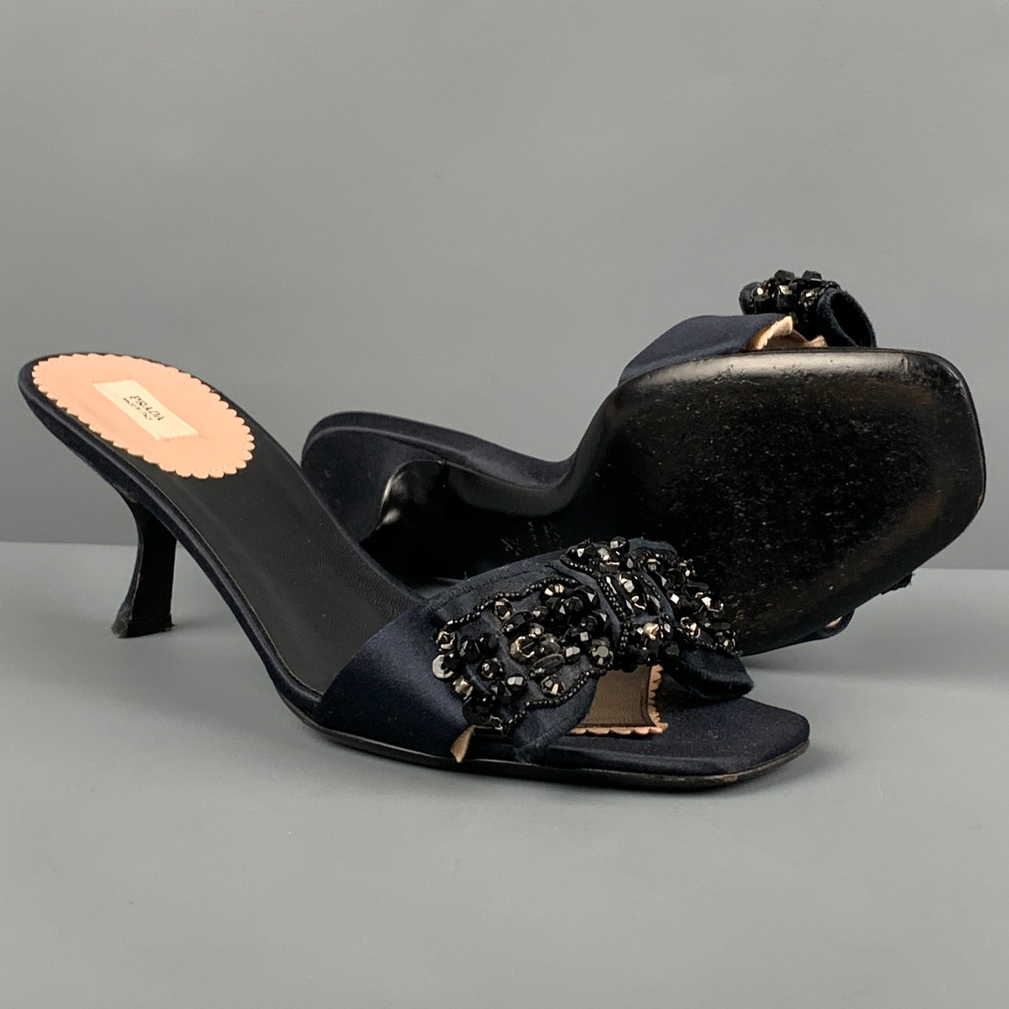 PRADA Size 6.5 Navy Silk Bow Mule Sandals