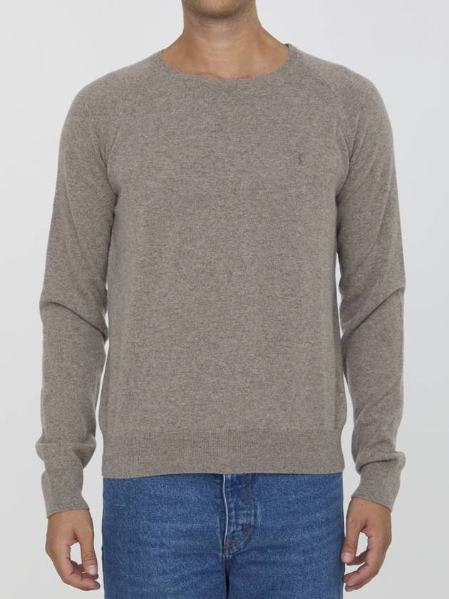 Saint Laurent Cassandre crew neck long sleeve knit top beige