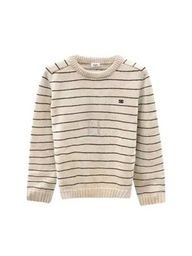 CELINE Striped Triomphe Embroidery Wool Knit Top Vanilla