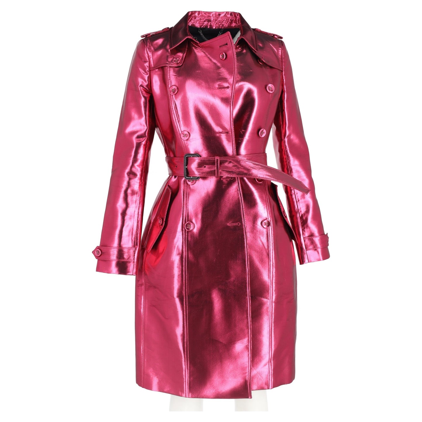 Burberry Belted Double-Breasted Trench Coat in Metallic Pink Acetate