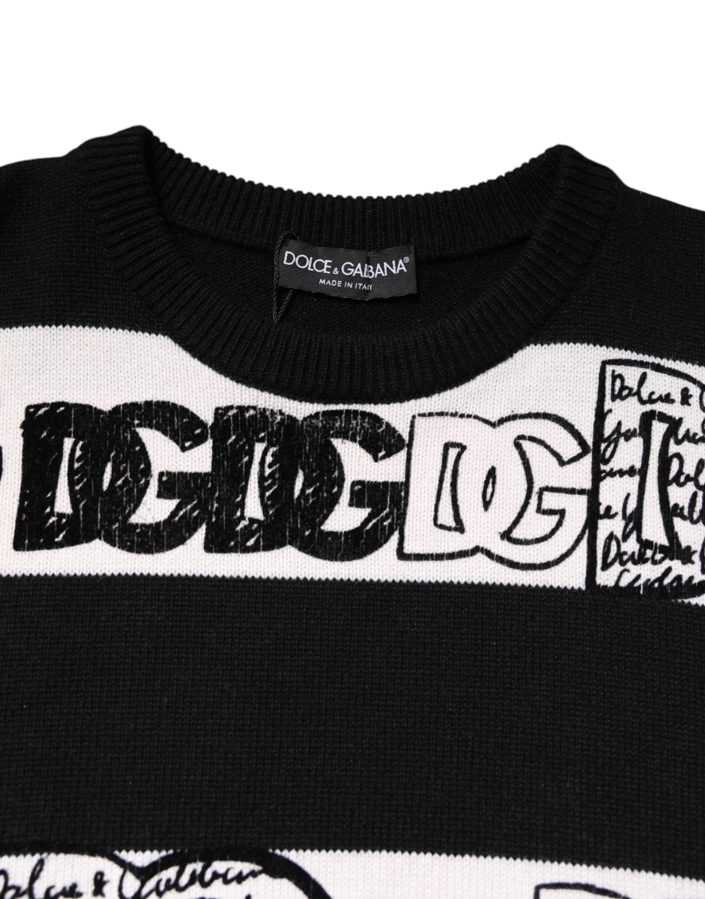 Dolce & Gabbana Black White Logo Print Wool Pullover Women's Sweater