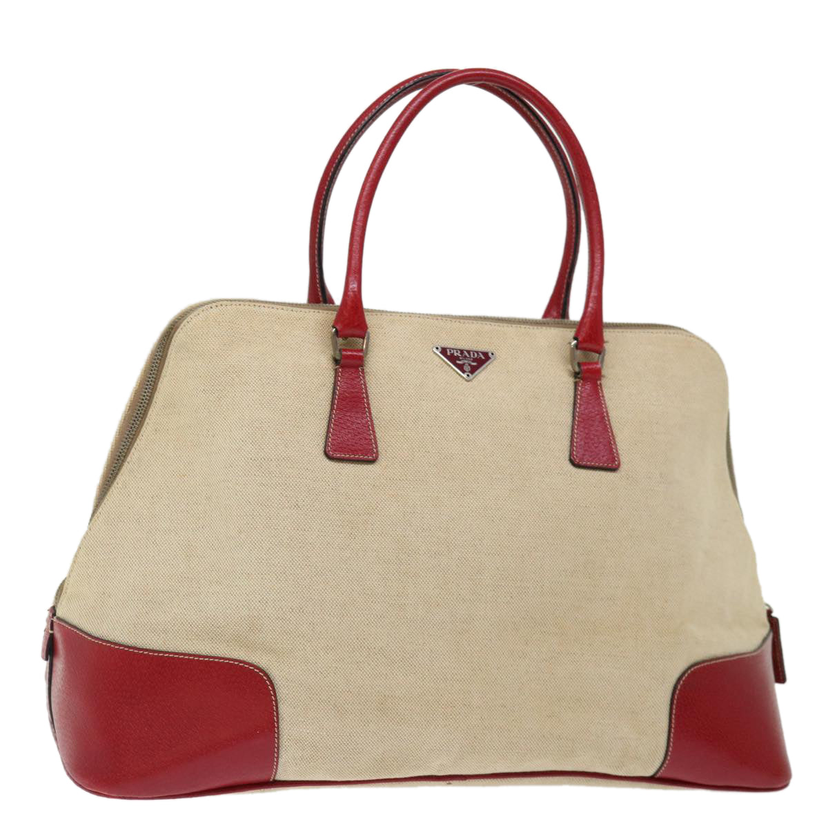 PRADA Hand Bag Canvas Beige Red 71097