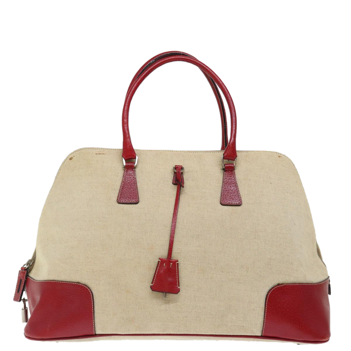 PRADA Hand Bag Canvas Beige Red 71097