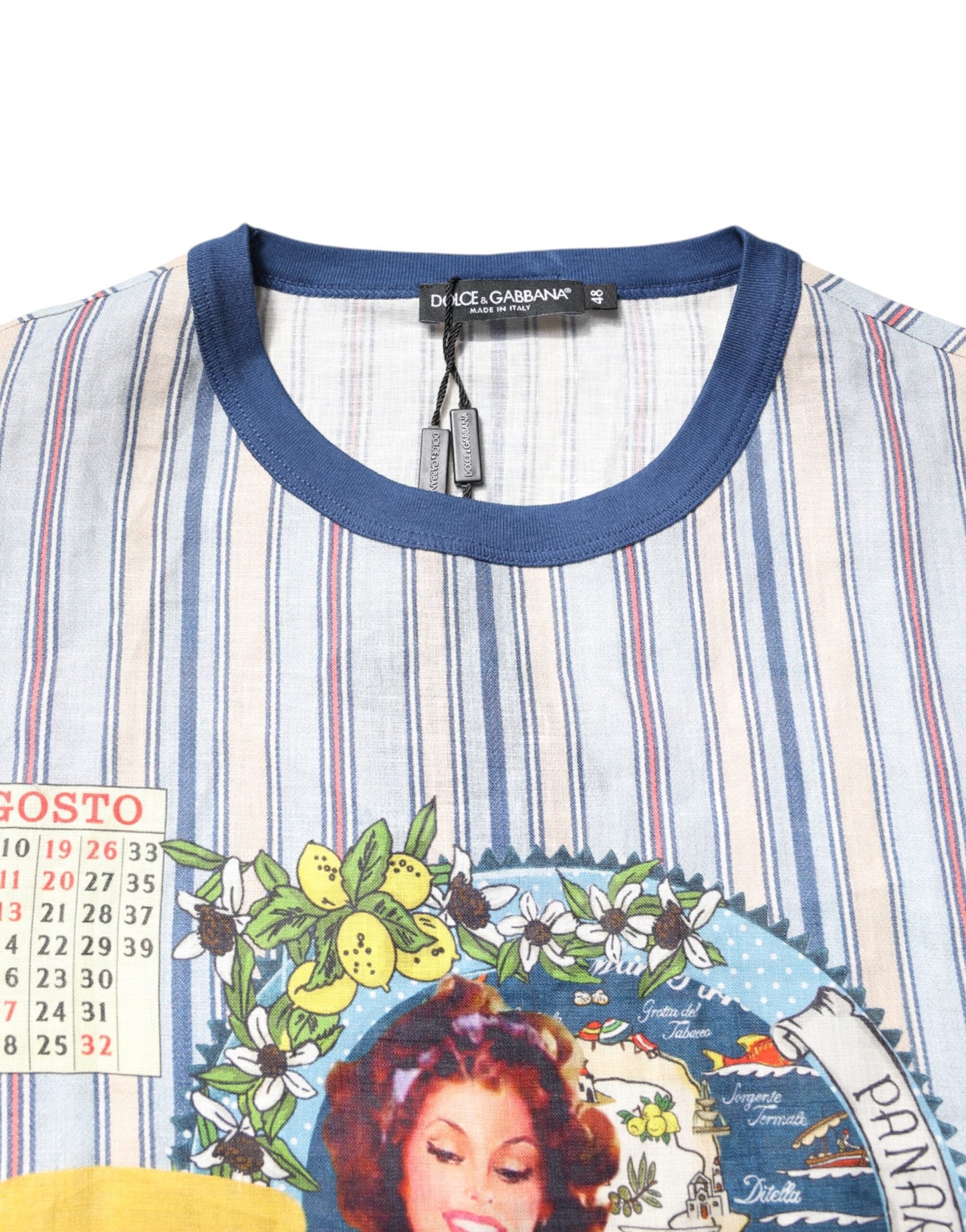Dolce & Gabbana Multicolor Striped Pin Up Linen Round Neck Men's T-shirt