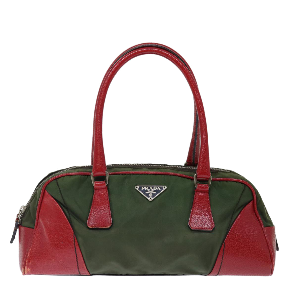 PRADA Hand Bag Nylon Khaki Red 71871