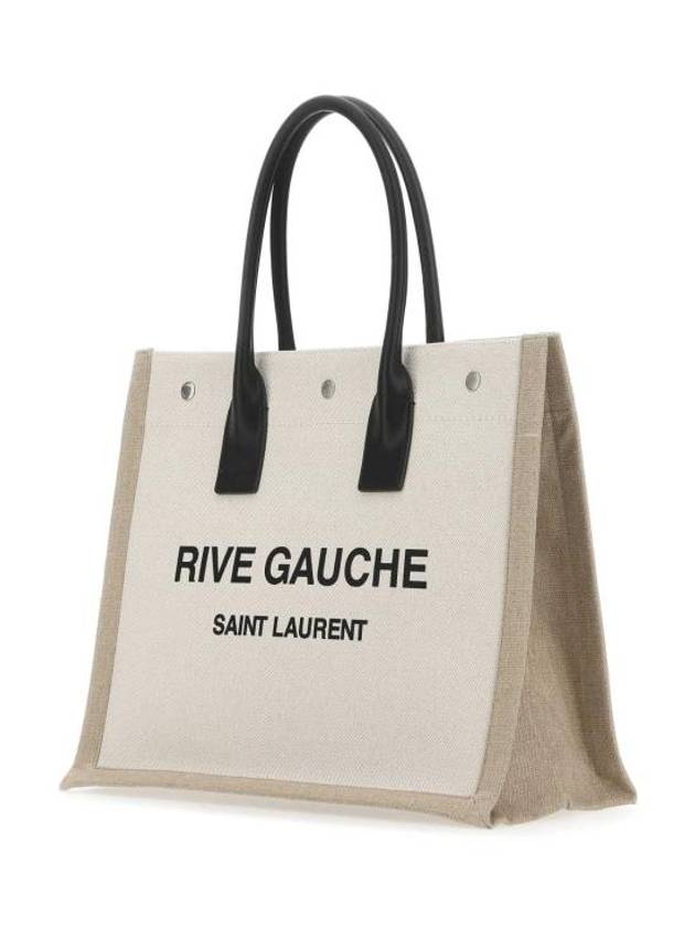 Saint Laurent Rive Gauche Logo Linen Leather Small Tote Bag Beige