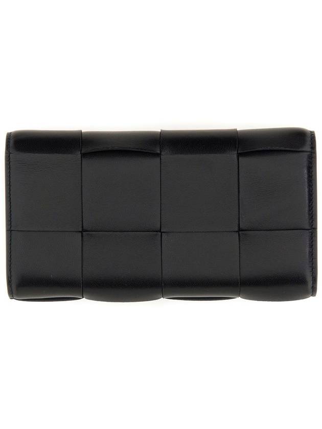 Bottega Veneta Cassette Flap Leather Long Wallet Black