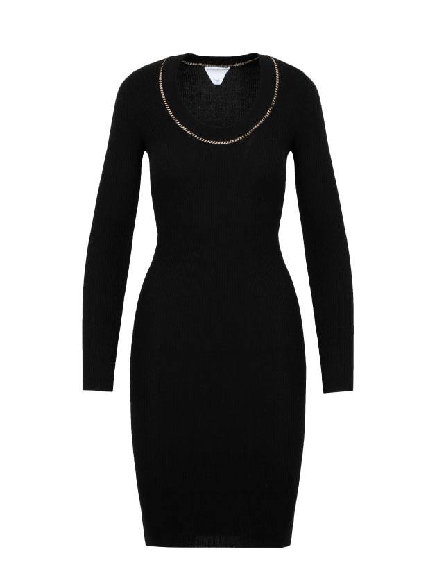 Bottega Veneta Gold Chain Detail Cashmere Long Sleeve Midi Dress Black