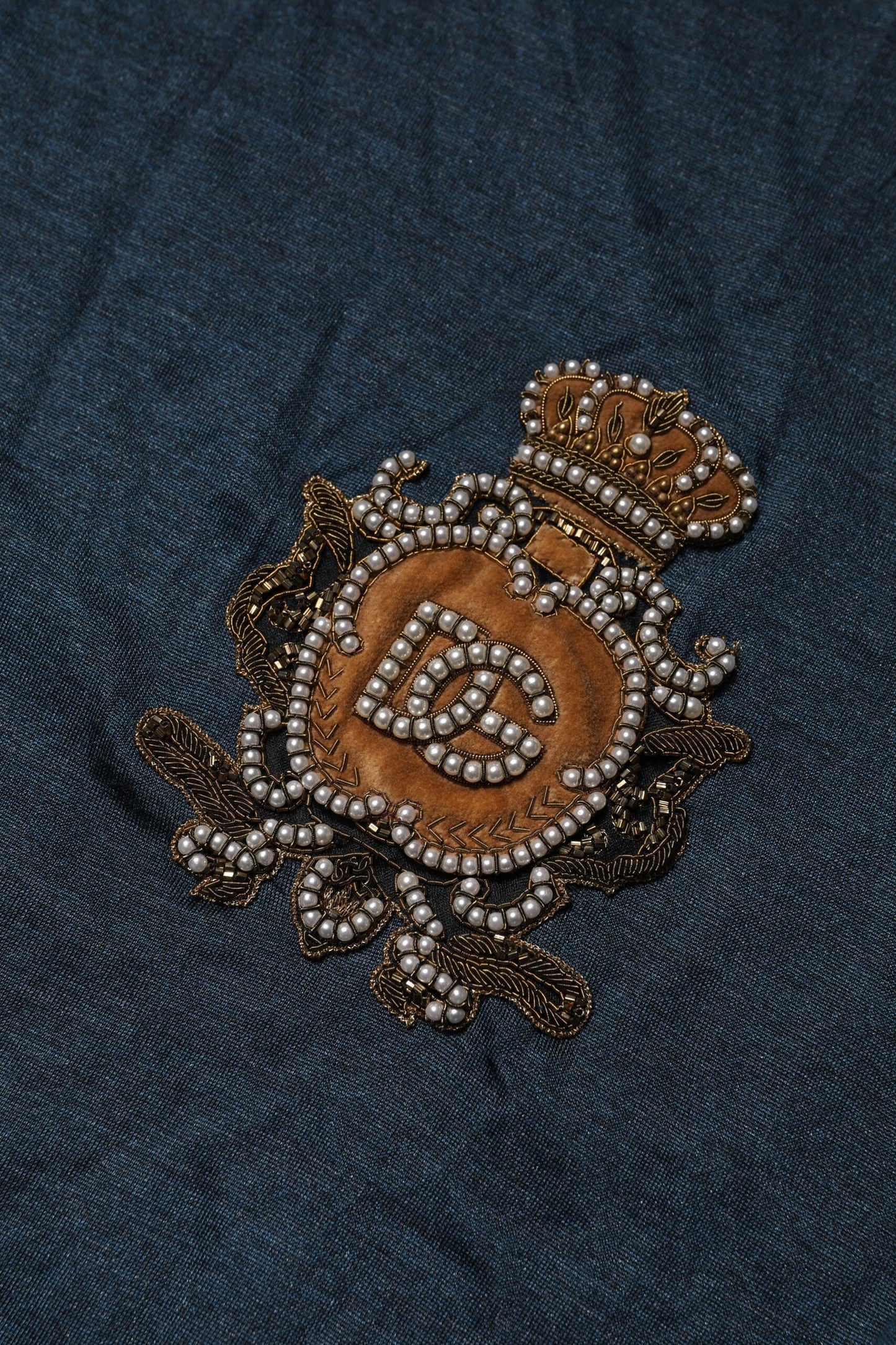 Dolce & Gabbana Dark Blue Silk Logo Patch Crew Neck Men's T-shirt ()