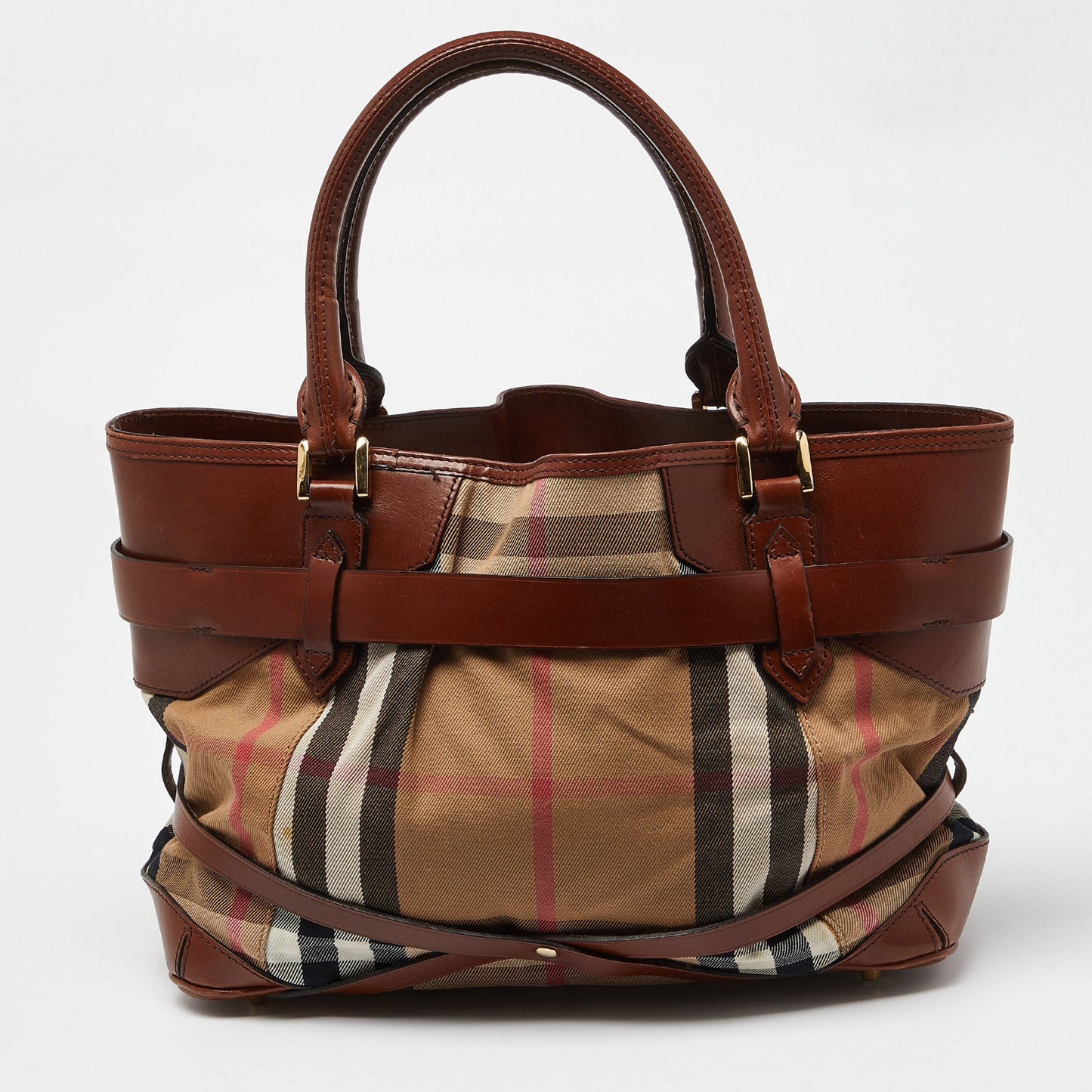 Burberry Beige/brown House Check Canvas And Leather Medium Bridle Lynher Tote
