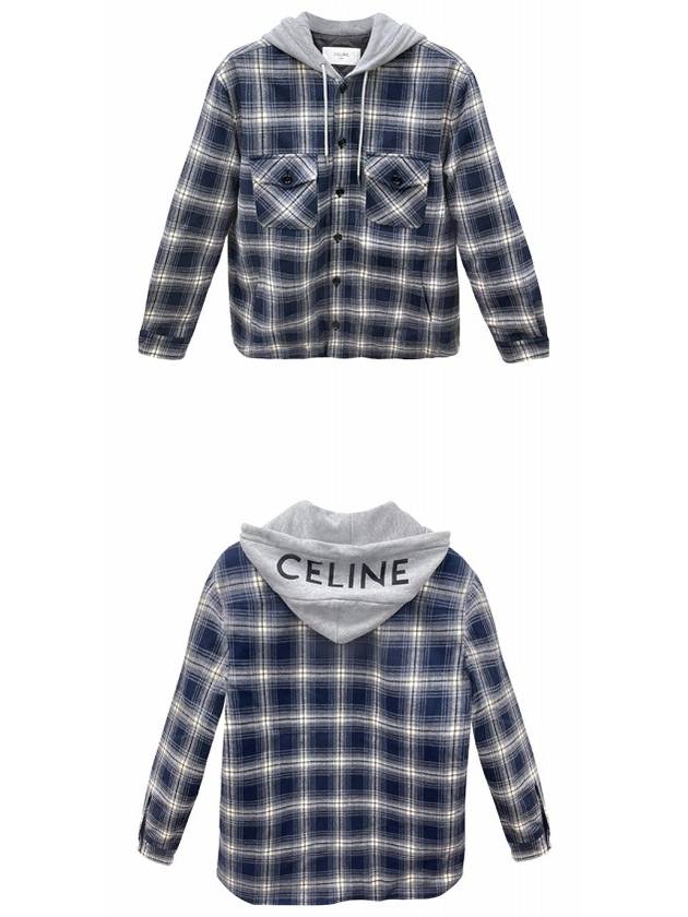 CELINE Check Cotton Hooded Oversized Shirt Jacket Navy