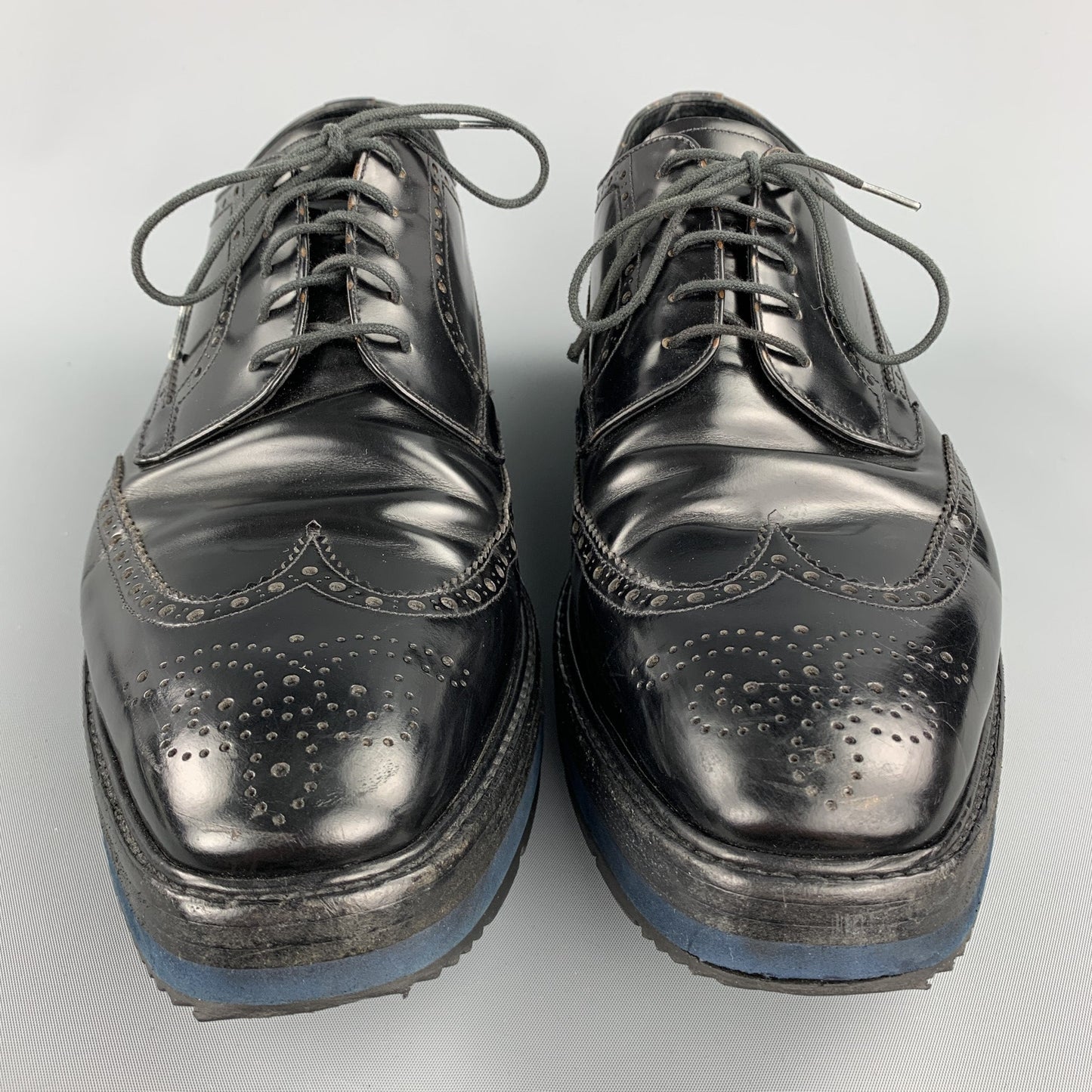 PRADA Size 10.5 Black Perforated Leather Platform Lace Up Shoes