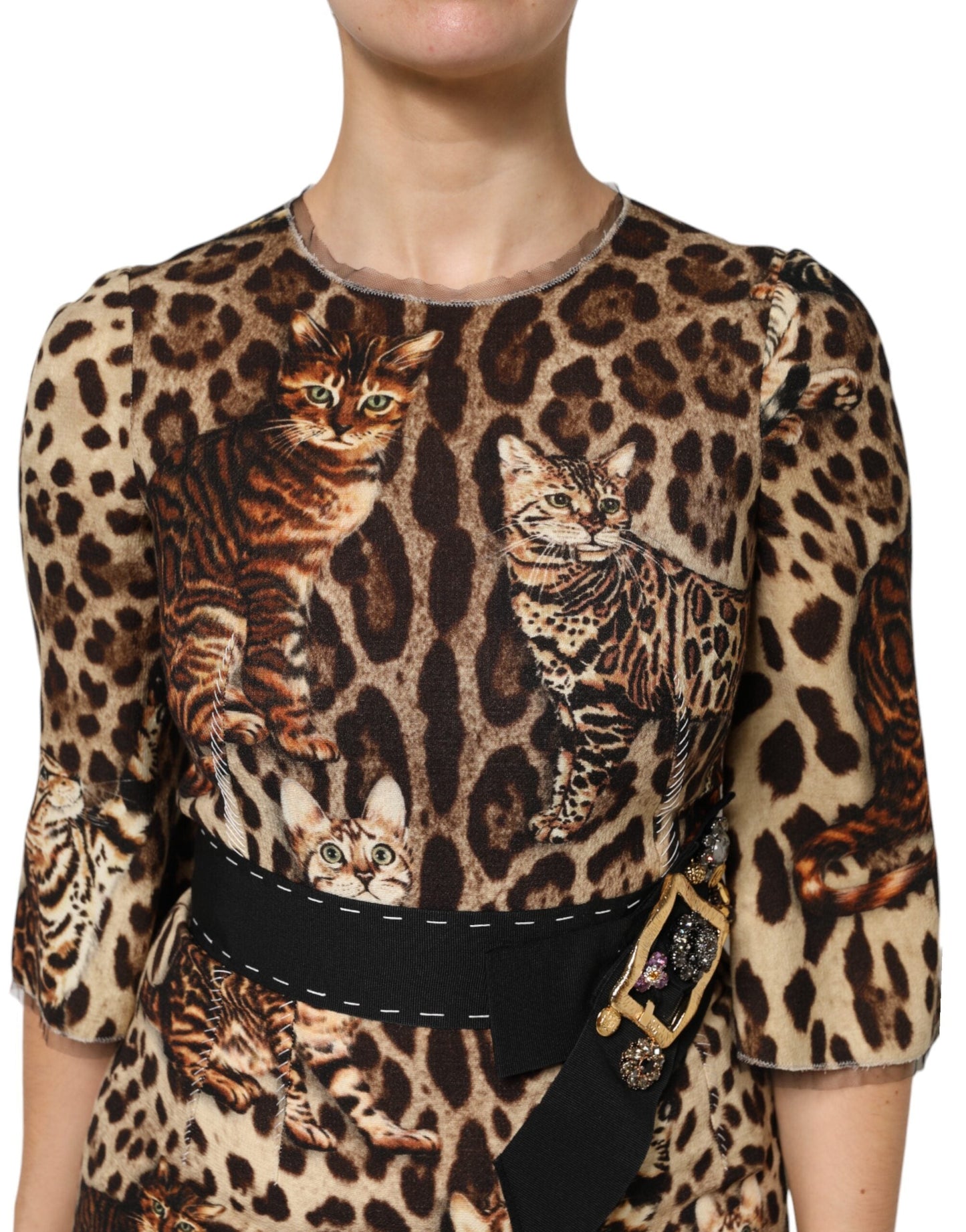 Dolce & Gabbana Brown Leopard Print Belted A-line Midi Women's Dress ()