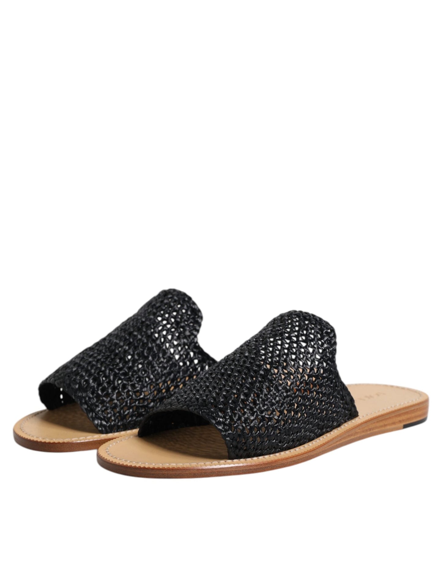 Dolce & Gabbana Black Monochrome Braided Raffia Slides Men's Shoes