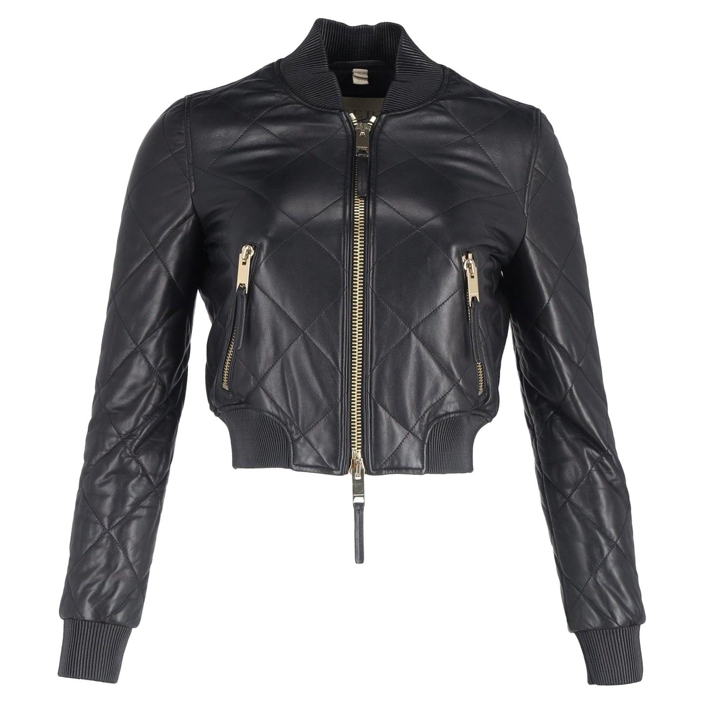Burberry Brit Quilted Cropped Bomber Jacket in Black Lamb Leather