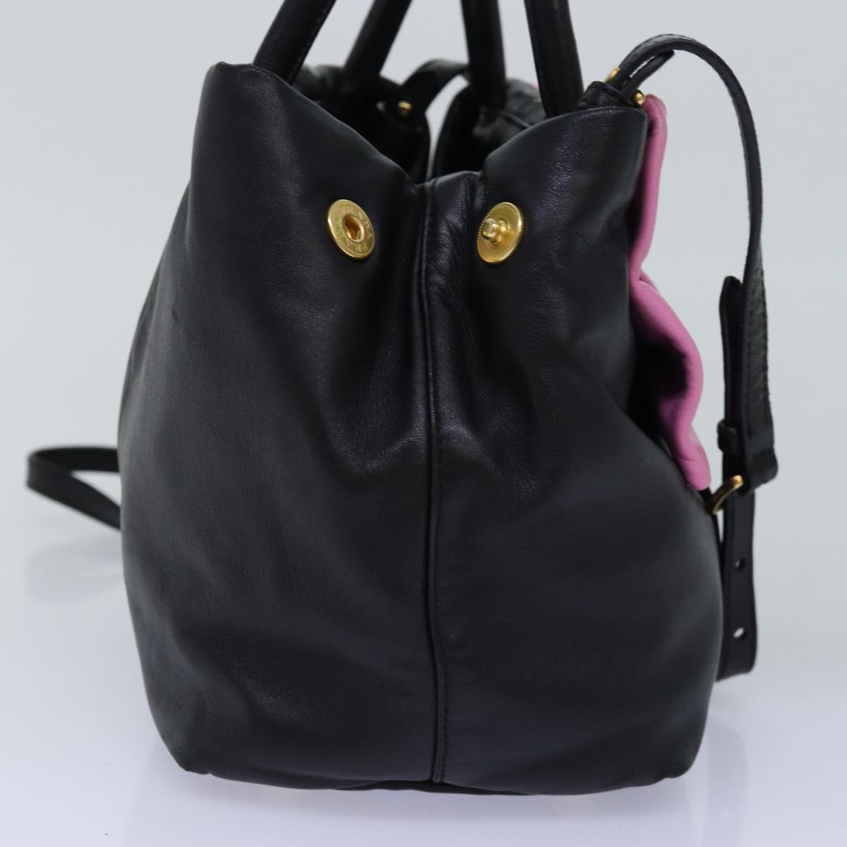 PRADA Ribbon Hand Bag Leather 2way Black Pink 77209