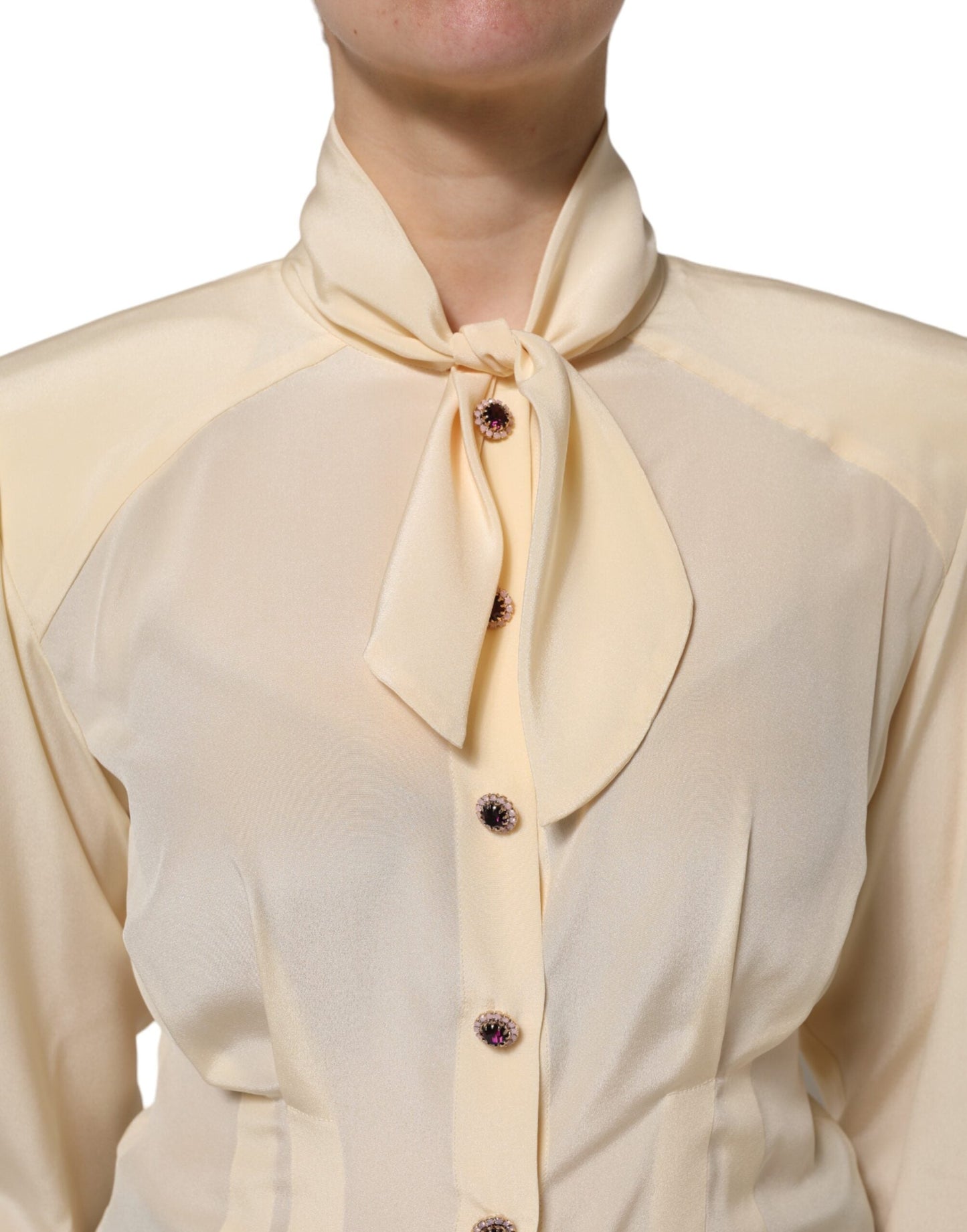 Dolce & Gabbana Light Yellow Ascot Collar Buttoned Blouse Women's Top ()