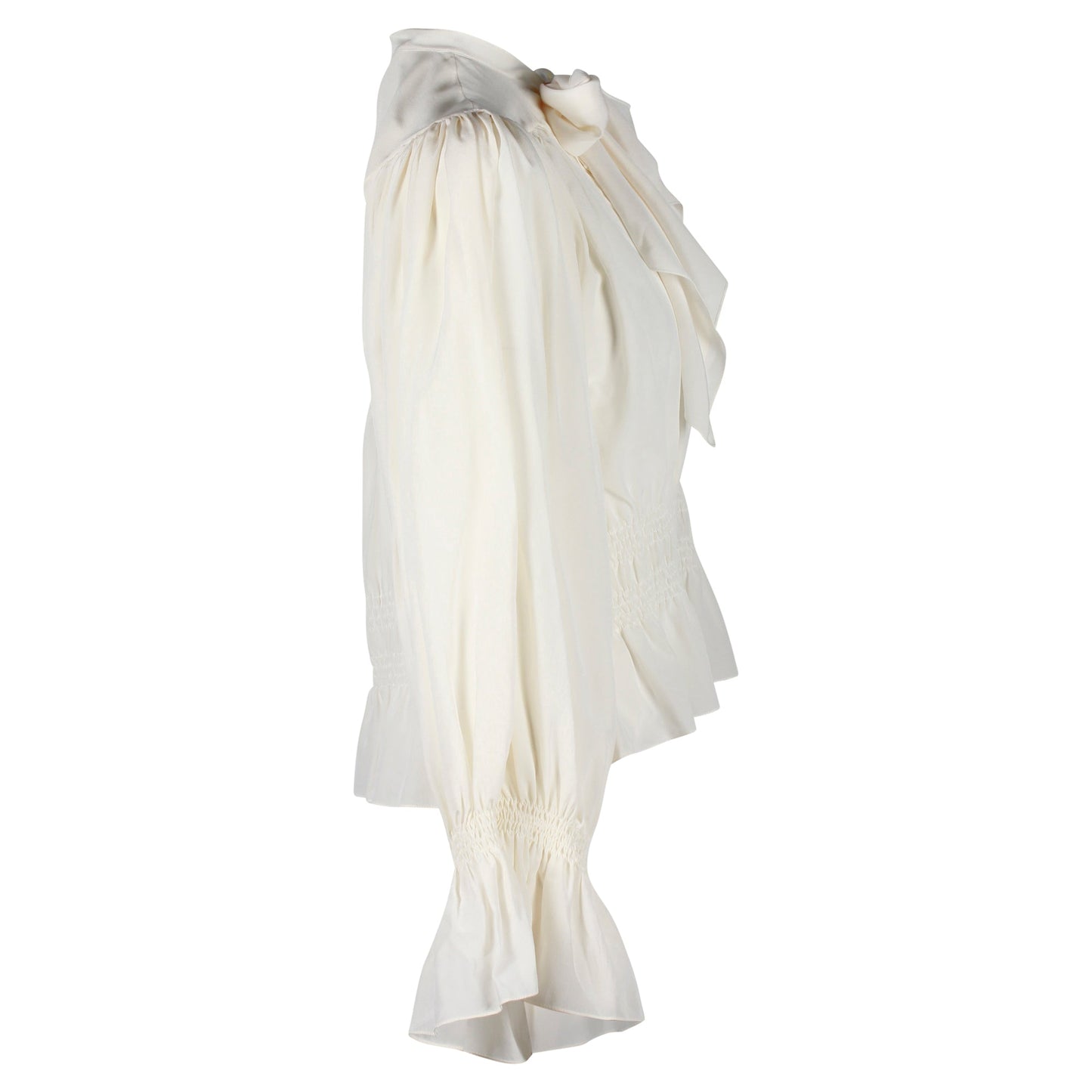 Chloe Pussybow Ruched Blouse in Ecru Silk