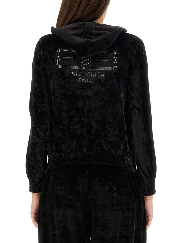 Balenciaga Women's BB Paris Strass Velvet Zip-Up Hoodie Black