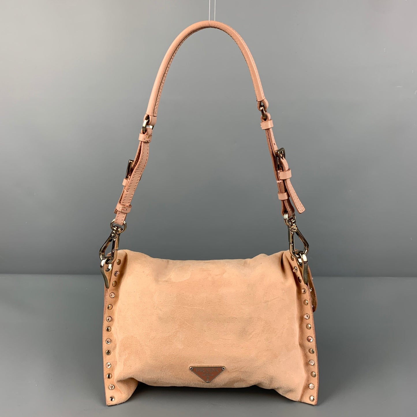 PRADA Pink Studded Rhinestone Suede Evening Handbag