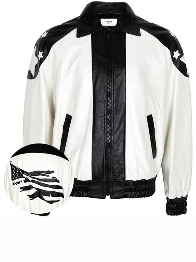 CELINE Loose Flag Teddy Lambskin Bomber Jacket Black White