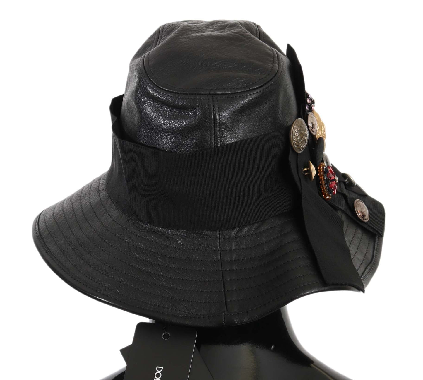Dolce & Gabbana Black Leather DG Coin Crystal Wide Brim Women's Hat