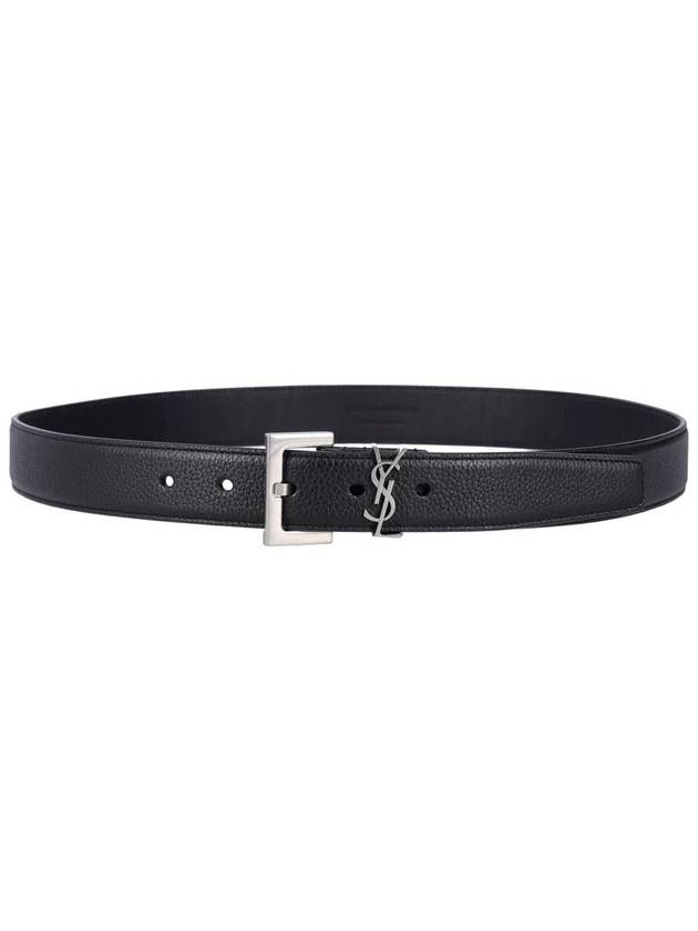 Saint Laurent Grained Leather Silver Monogram Belt Black