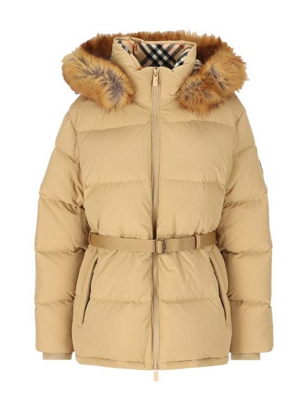 Burberry Faux Fur Trim Hooded Short Down Padding Flax