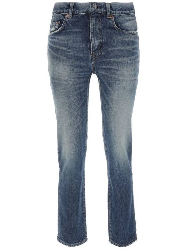 Saint Laurent Logo Patch High Waist Jeans Blue