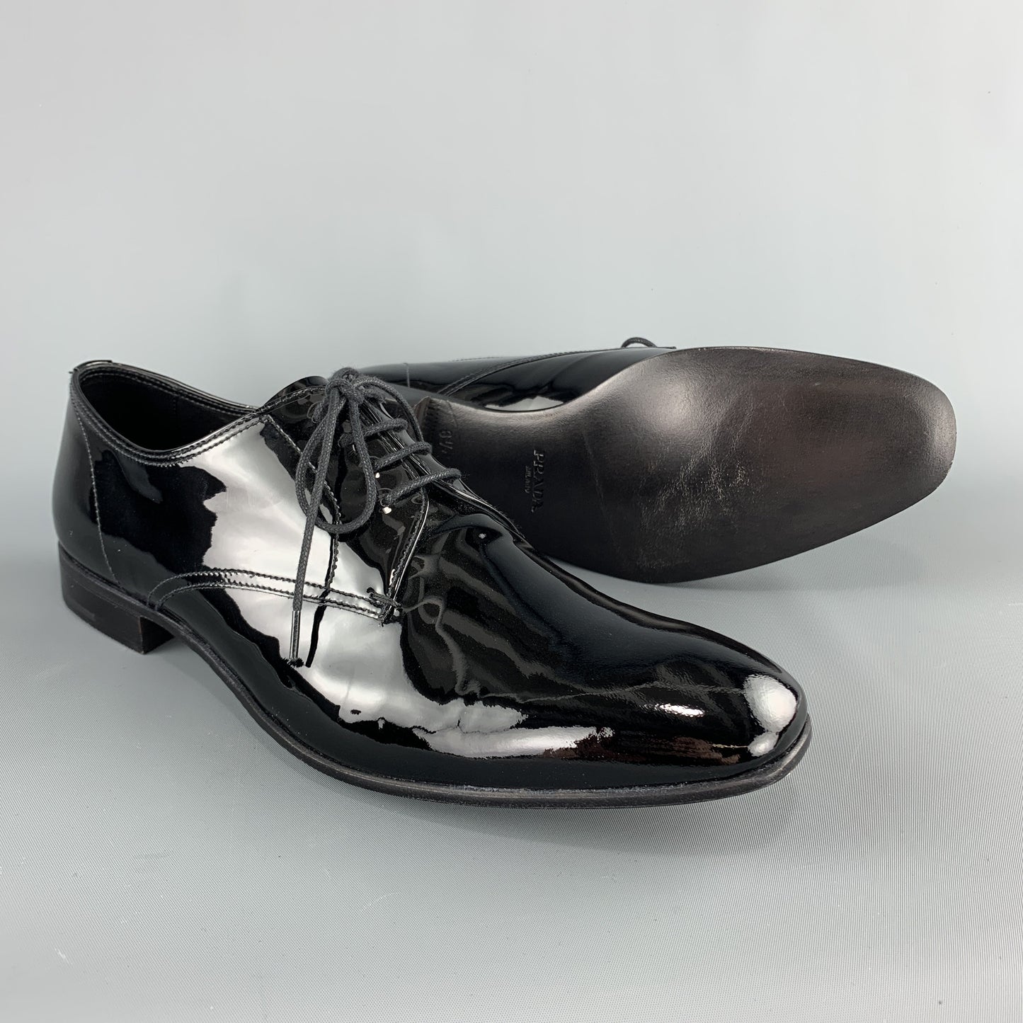 PRADA Size 9.5 Black Patent Leather Lace Up Dress Shoes