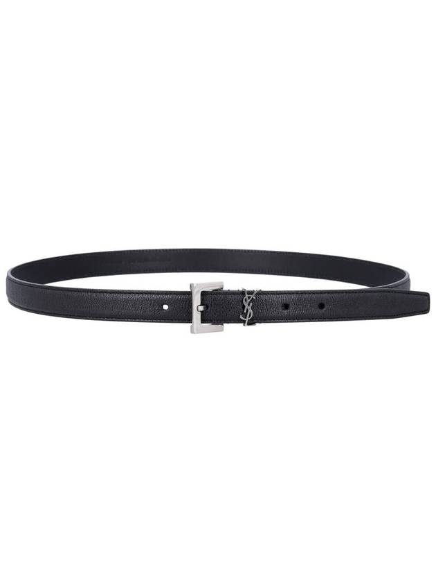 Saint Laurent Men's Monogram Silver Buckle Leather Belt Black