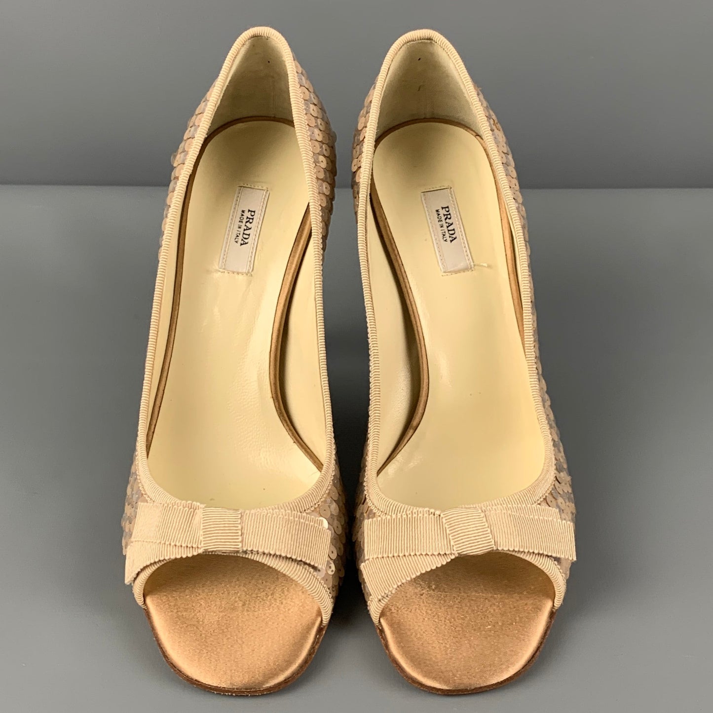 PRADA Size 6.5 Taupe Silk Sequined Peep Toe Pumps
