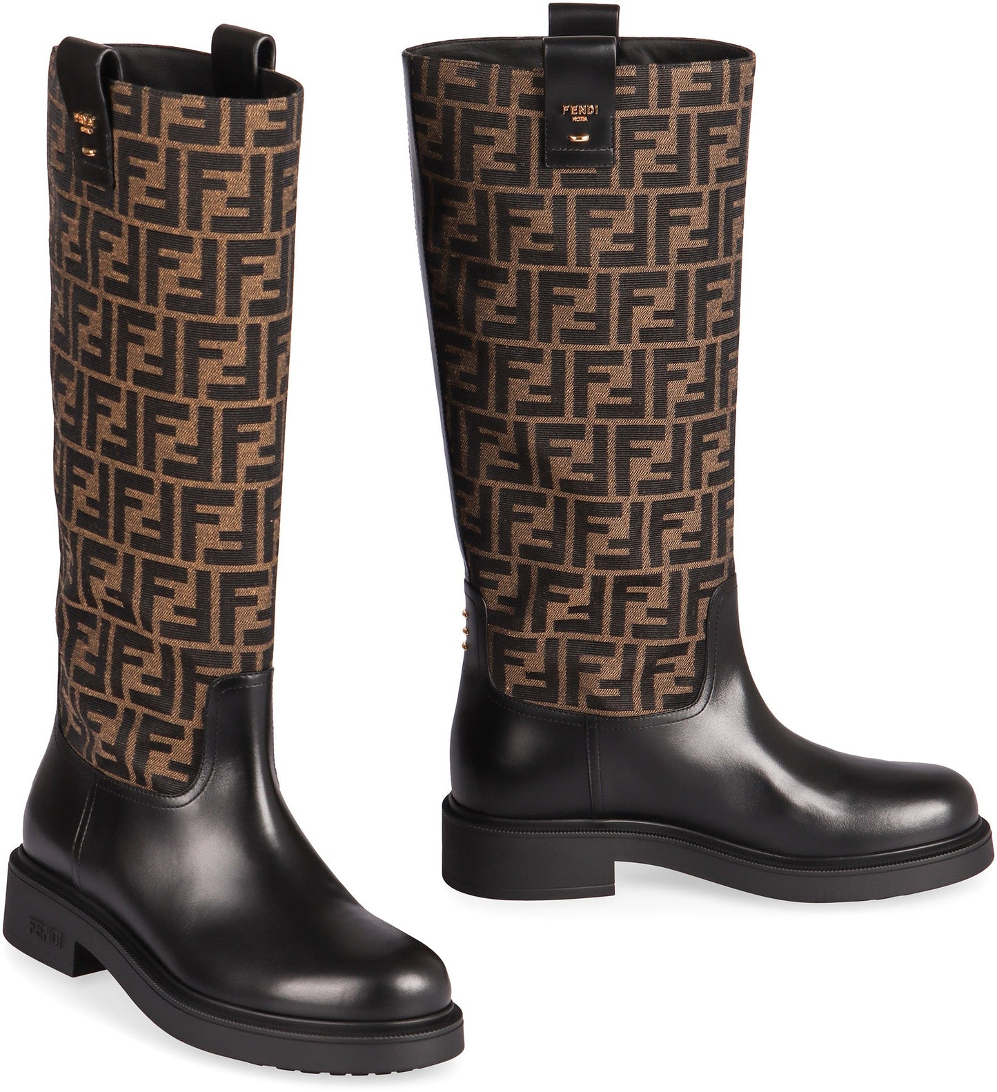 FENDI Filo Leather and FF Fabric Ankle Boots