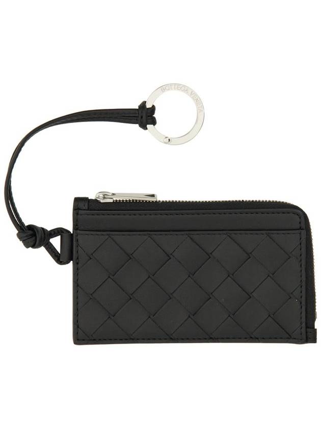 Bottega Veneta Intrecciato L Zipper Leather Card Wallet Black