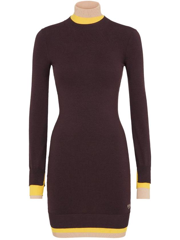 Fendi High Neck Wool Short Dress Dark Purple
