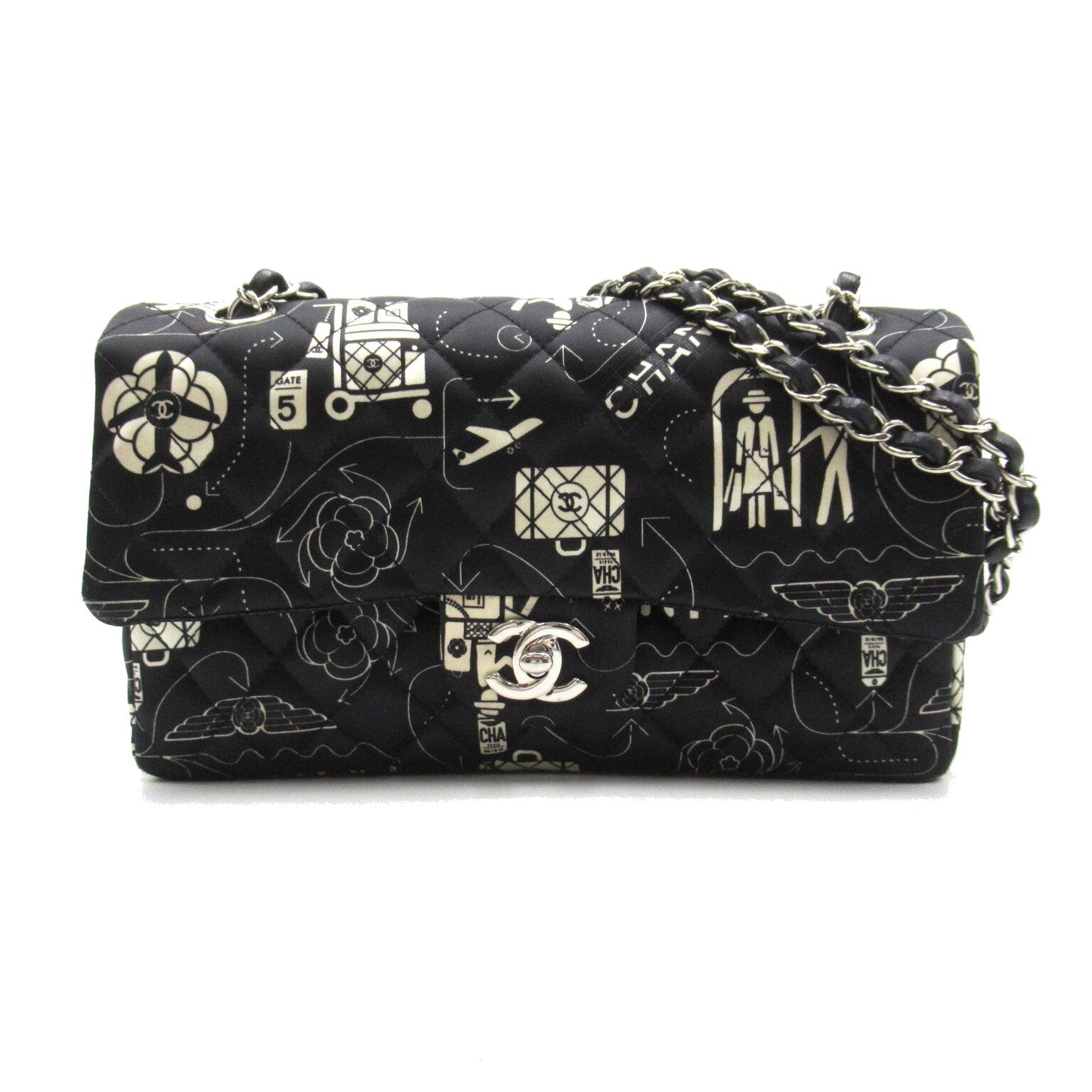 Chanel Airline W flap chain shoulder Shoulder bag Others Satin Black White Silver hardware