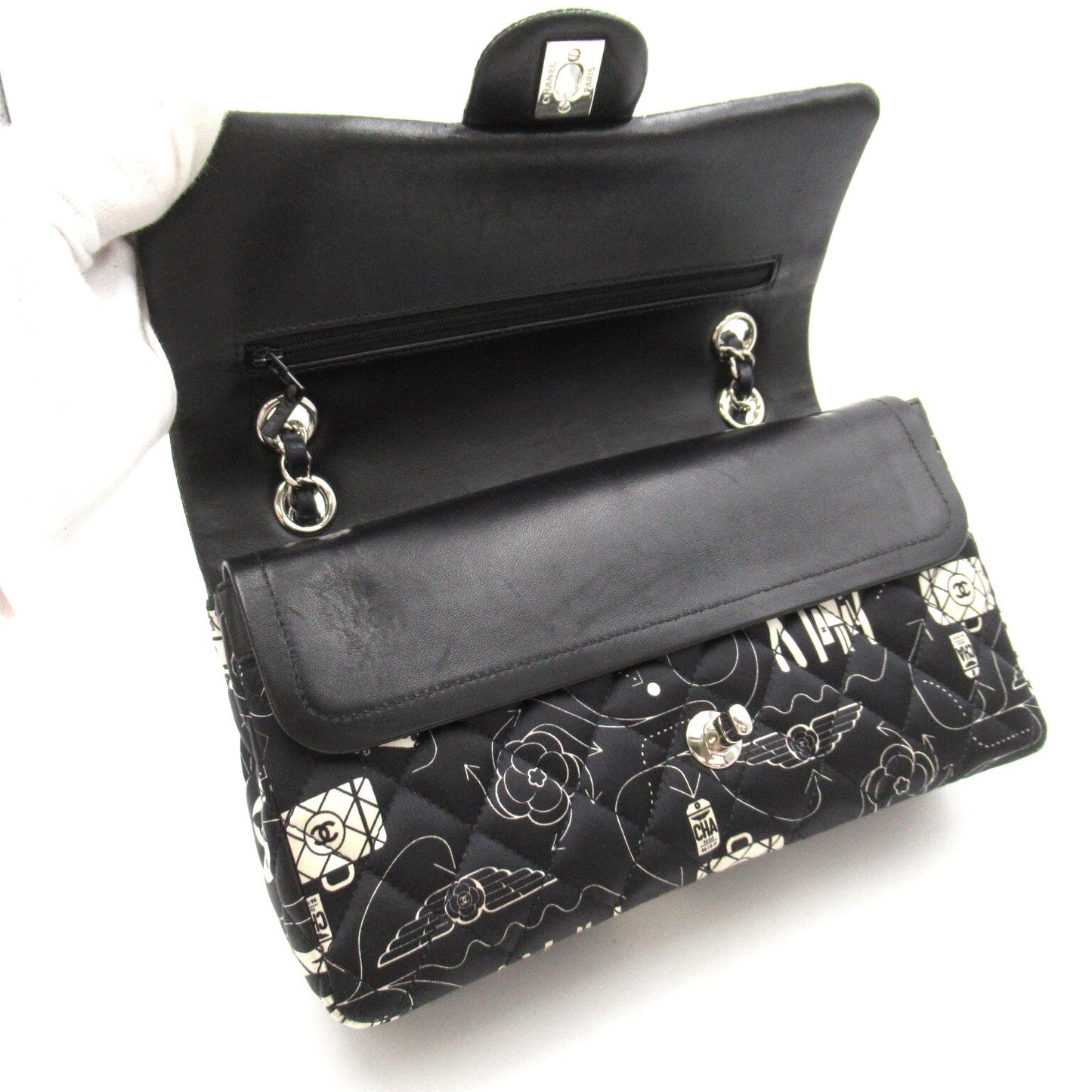 Chanel Airline W flap chain shoulder Shoulder bag Others Satin Black White Silver hardware