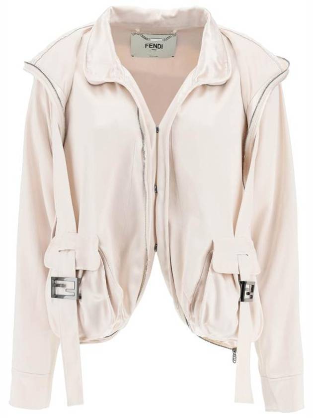 Fendi FF Baguette Pocket Satin Zip-Up Jacket Beige