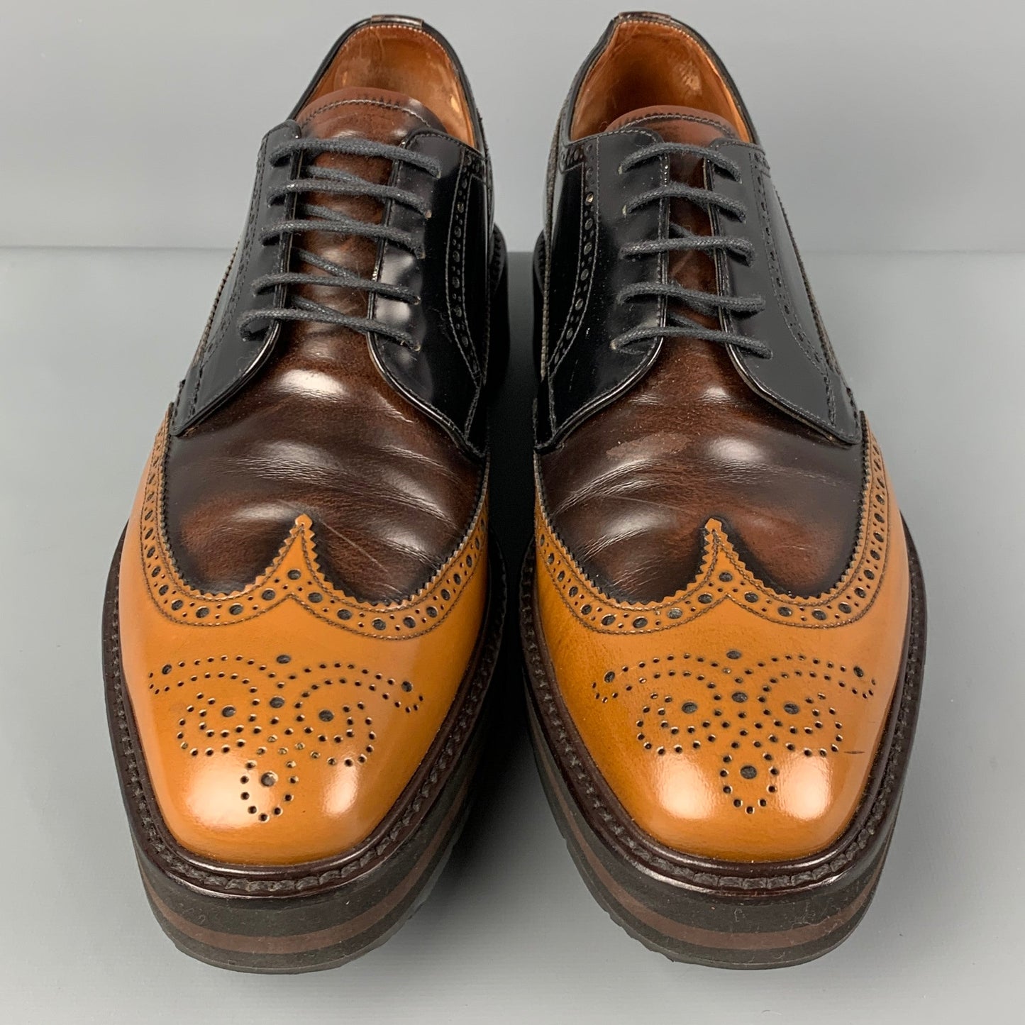 PRADA Size 10 Brown Tan Perforated Leather Wingtip Lace Up Shoes