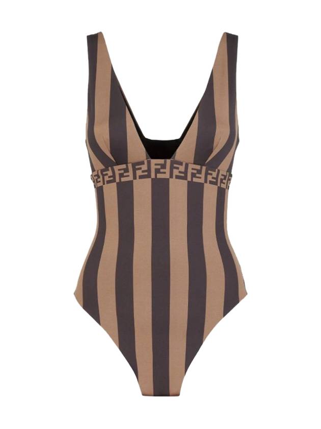Fendi Striped V neck one piece swimsuit brown