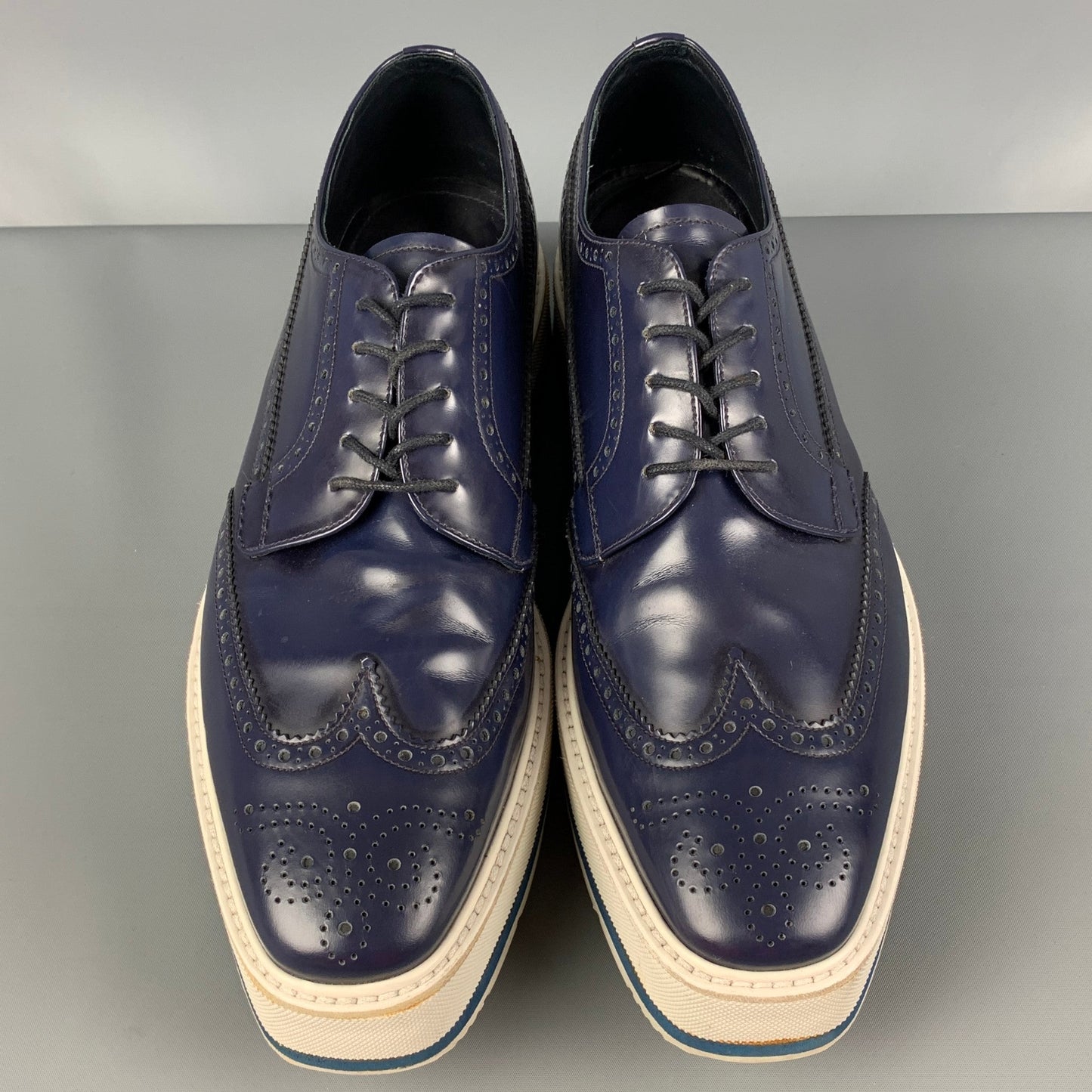 PRADA Size 10 Navy White Perforated Leather Platform Lace Up Shoes