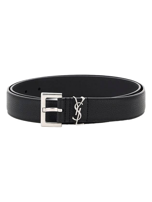 Saint Laurent Grained Leather Silver Monogram Belt Black