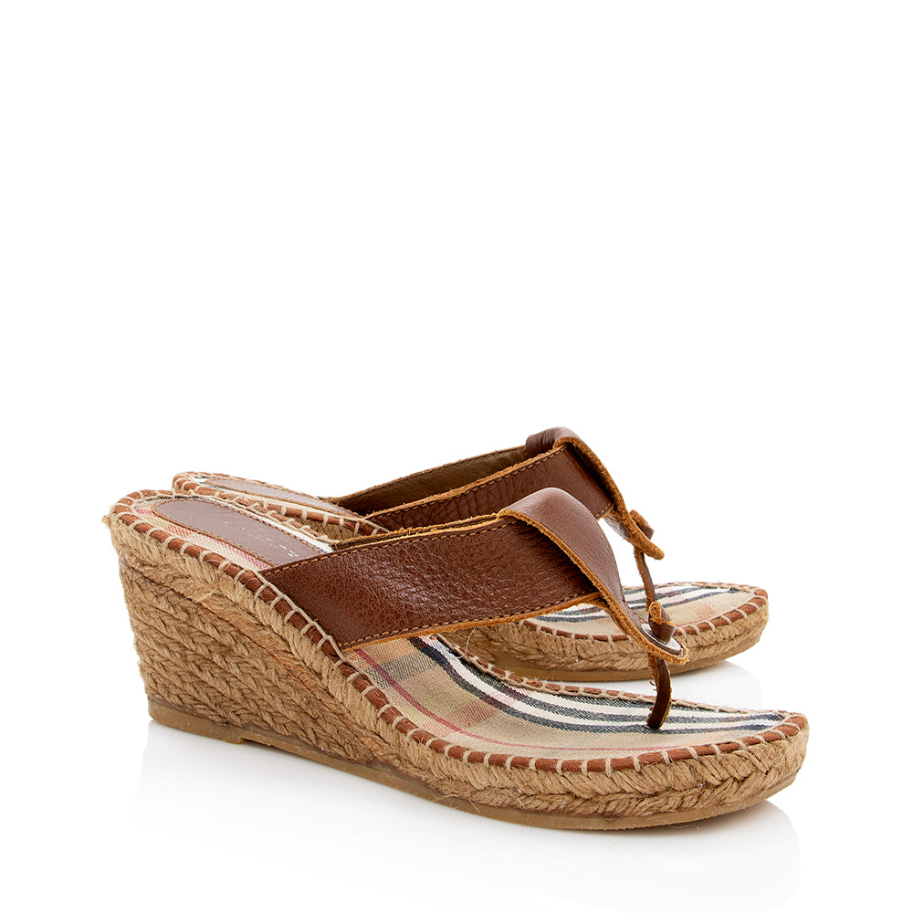 Burberry Leather Printed Wedge Thong Sandals - Size 9 / 39 (SHF-18129)